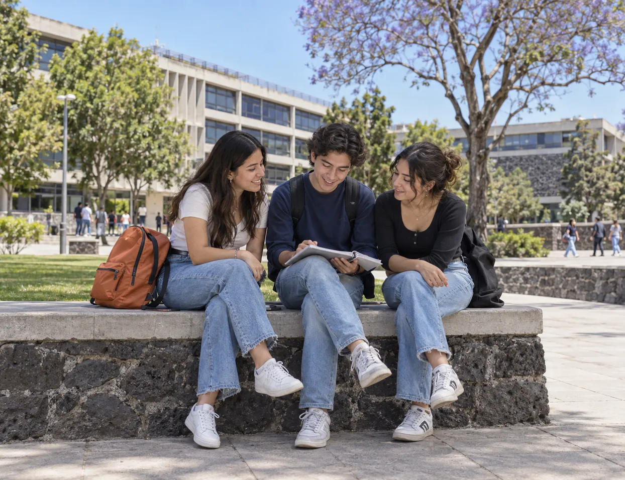 Tres estudiantes repasando juntos en el campus